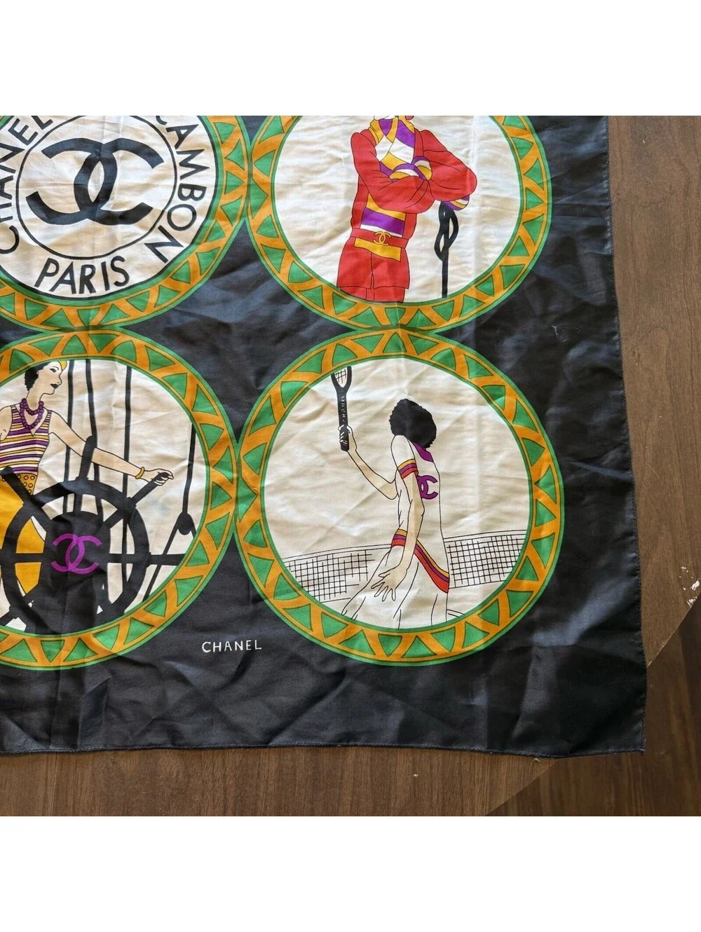 Vintage 90s RARE Chanel 1920s Art Deco Sports Silk Scarf Karl Lagerfeld Designer